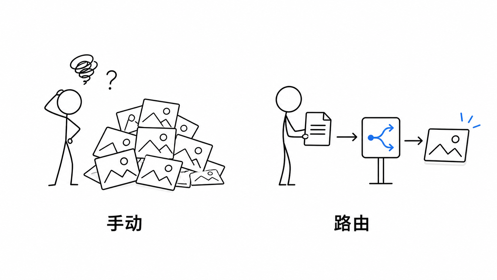 stick-figure 风格预览:火柴人比较手动选图和路由选图