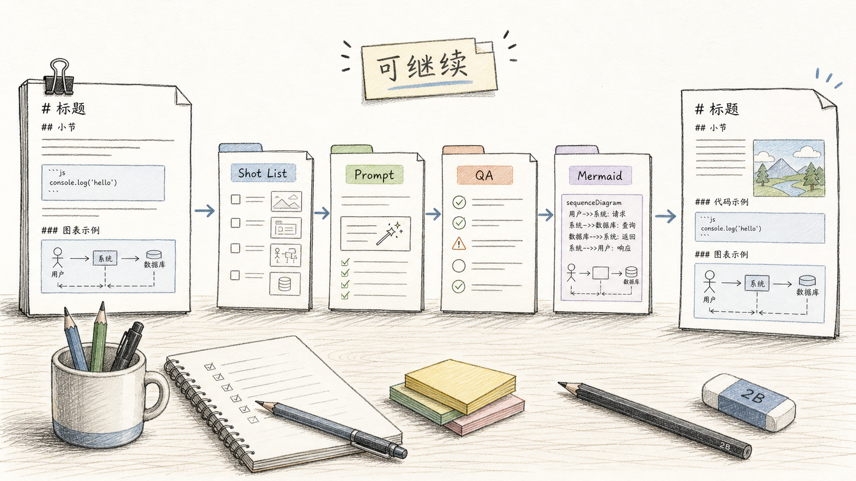 一个手绘工作台:左边是文章草稿,中间是 shot-list、prompts、manifest 和 Mermaid 源文件,右边是插图版 Markdown;一条箭头标为“prompt-only 也能继续”