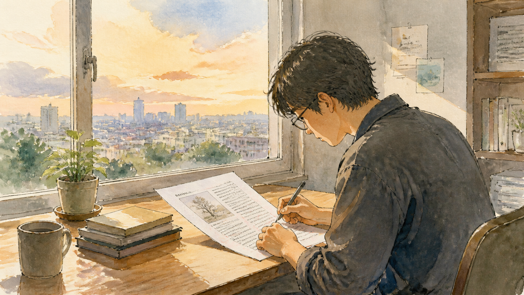watercolor-sketch 风格预览:开发者在窗边整理带插图的文章