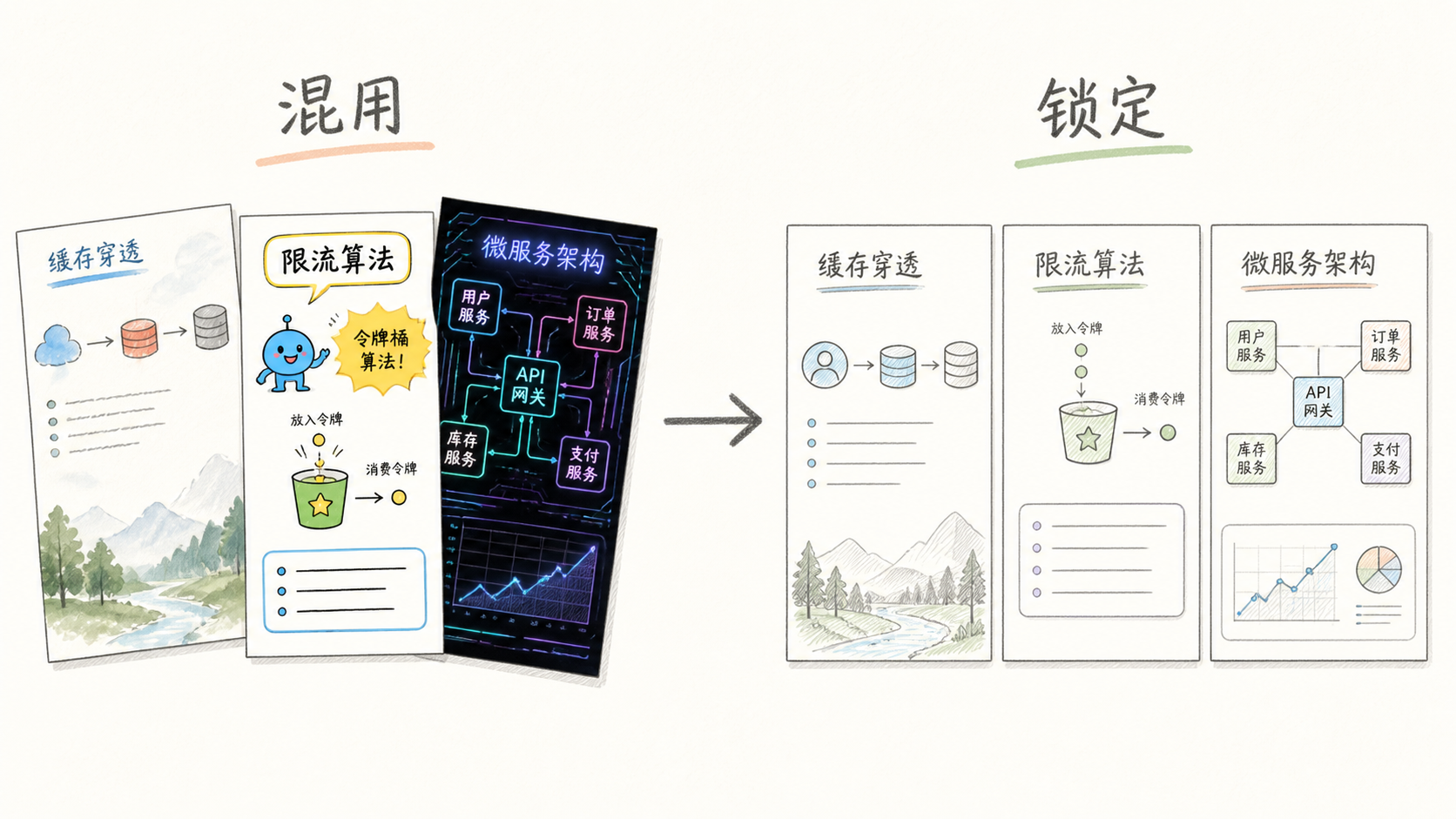 左右对比的手绘技术图:左侧是混用水彩、卡通、赛博蓝图的凌乱文章;右侧是统一纸张、线条和浅色标记的文章,标题为“一篇文章,一种插图语言”